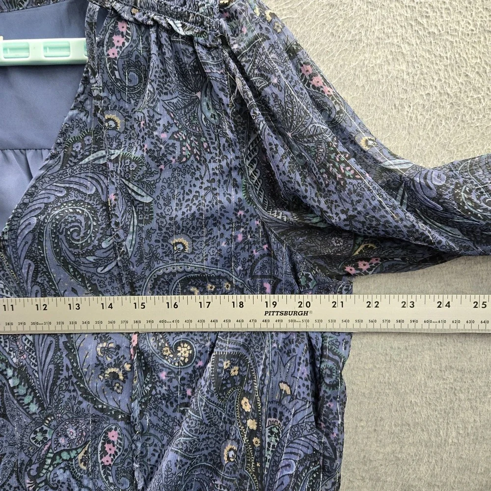 Lucky‎ Brand Women Blouse L Blue Paisley Sheer Chiffon Bubble Hem